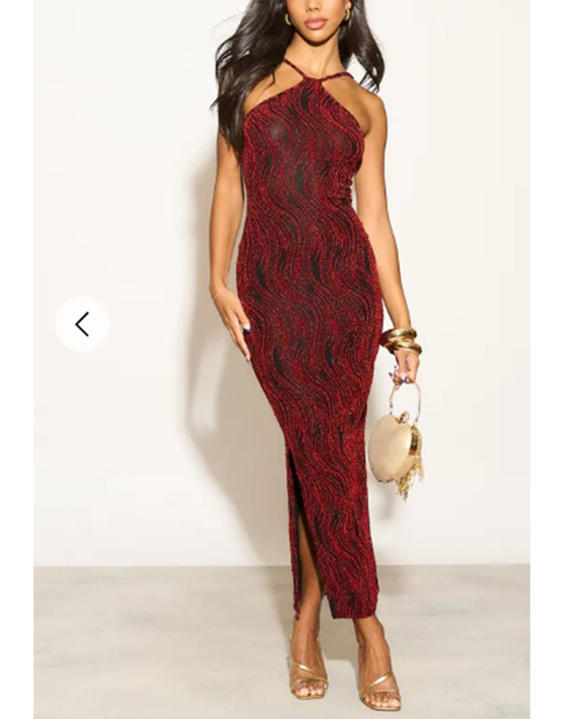 High-neck sleeveless metallic-knit with pattern print maxi dress in Red