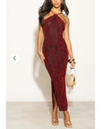 High-neck sleeveless metallic-knit with pattern print maxi dress in Red