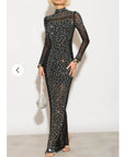 Multi Diamond Embellished Long Sleeves Dress With Stand Collar In Black