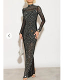 Multi Diamond Embellished Long Sleeves Dress With Stand Collar In Black