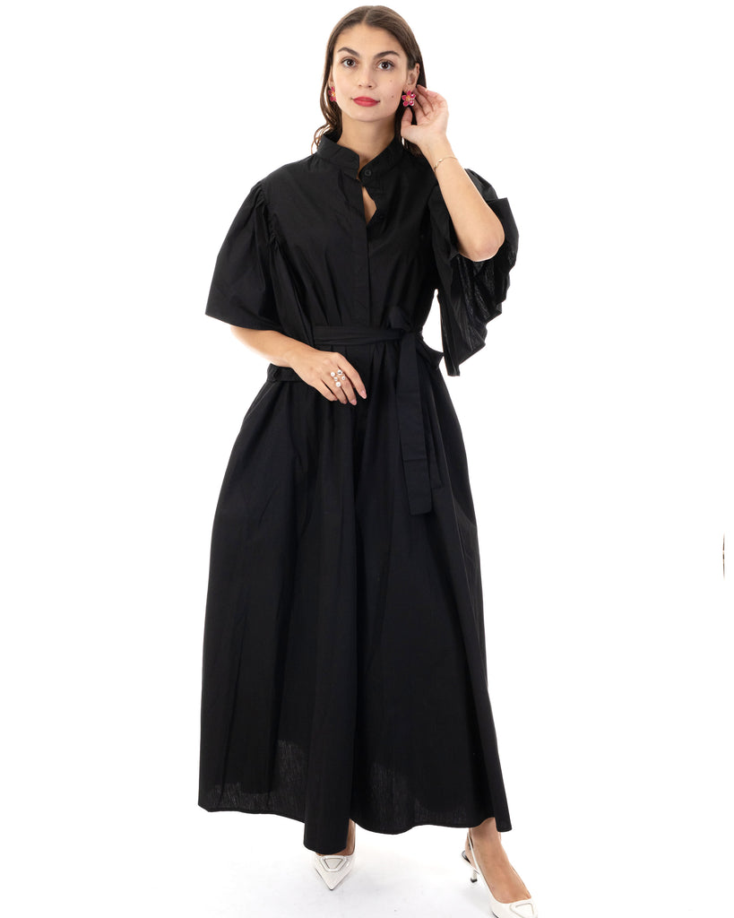 Cotton blend oversized shirt dress with ruffle sleeves design in black