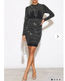 Long Sleeves Diamond Sequin short Dress in Black