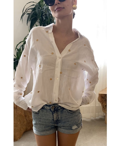 Gold Polka Dots Embroidered Shirt in Soft cotton fabric in White