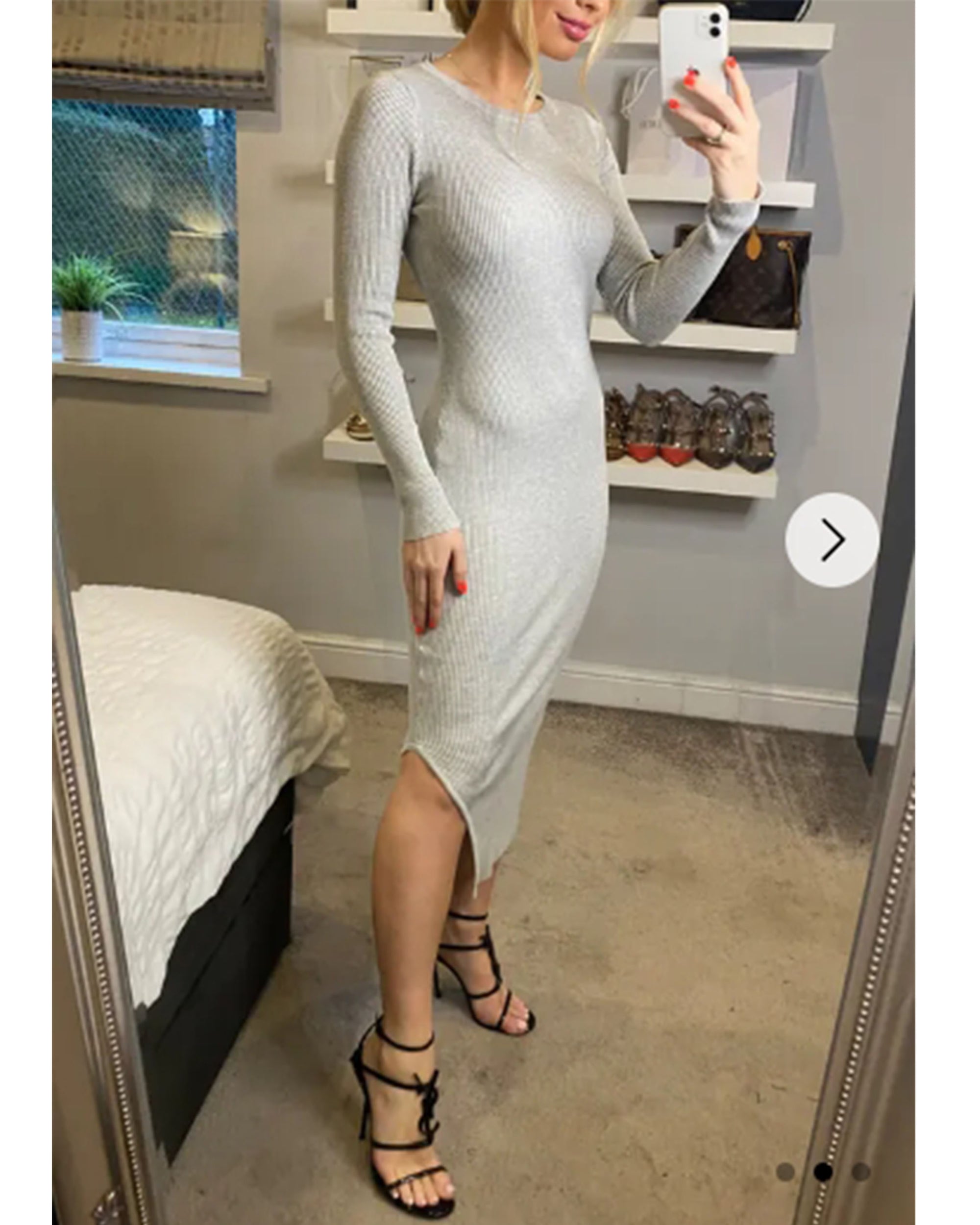 Ribbed midi Knit dress long sleeves in plain grey