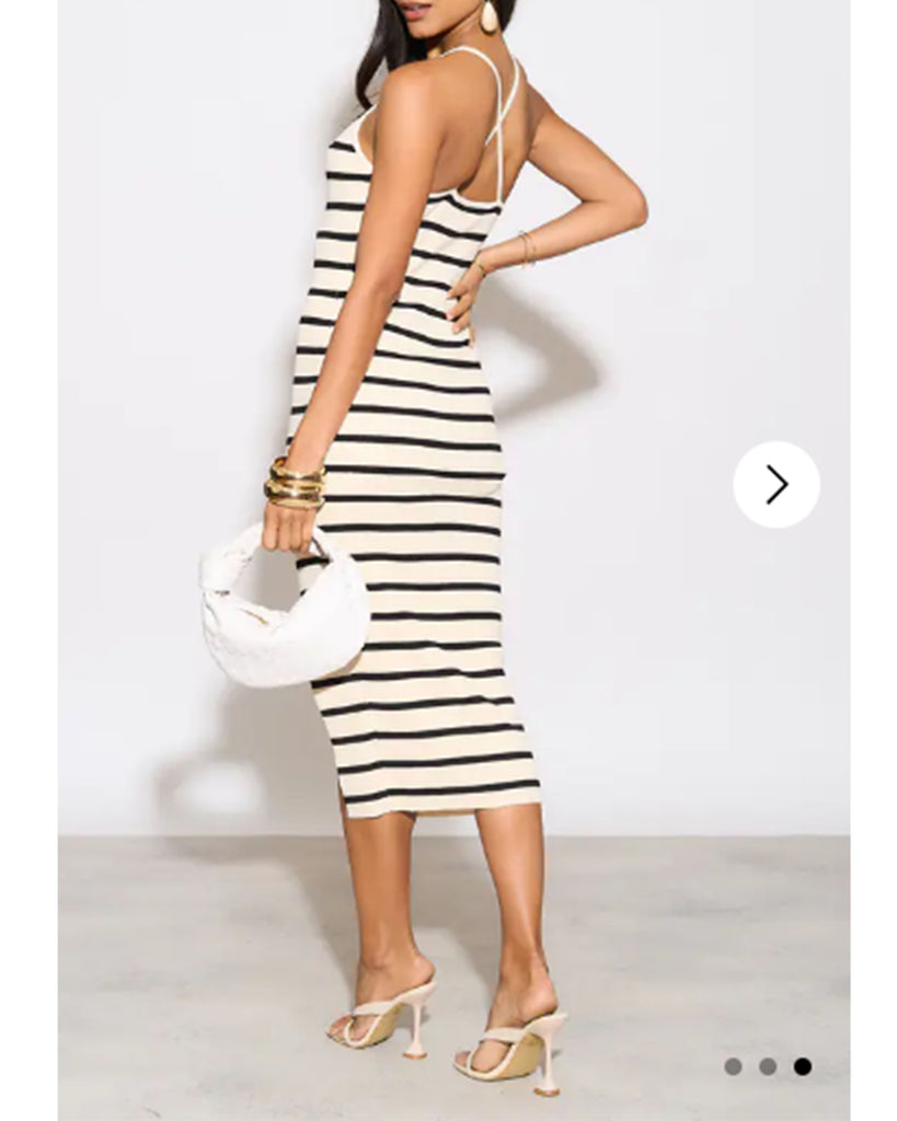 Knitted Stripe Print With Straps Design Midi Bodycon Dress