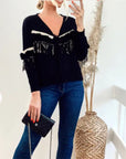 Black Cropped Cardigan with Tassel Fringe & Faux Fur