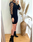 Black Bodycon Knit Dress with Polka Dot Organza Sleeves