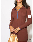 Brown color Soft knit long sleeves bodycon dress with blue line contrast design