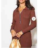 Brown color Soft knit long sleeves bodycon dress with blue line contrast design