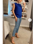 Pearl Embellished Neckline Sleeveless Top (Blue)