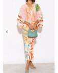 Leaves and Floral Scarf Pirnt Pleated Dress in Kimono sleeves in pink