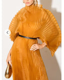 Pleated long dress with organza pleated cape sleeves in Gold