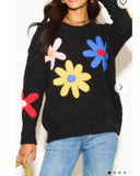 Floral Pattern Embroidered Soft knit Long Sleeves Jumper in black