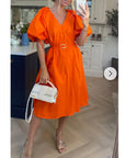 Oversized puff sleeve midi dress in Orange