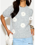 Floral Pattern Embroidered Soft knit Short Sleeves Jumper in Grey