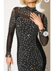 Multi Diamond Embellished Long Sleeves Dress With Stand Collar In Black