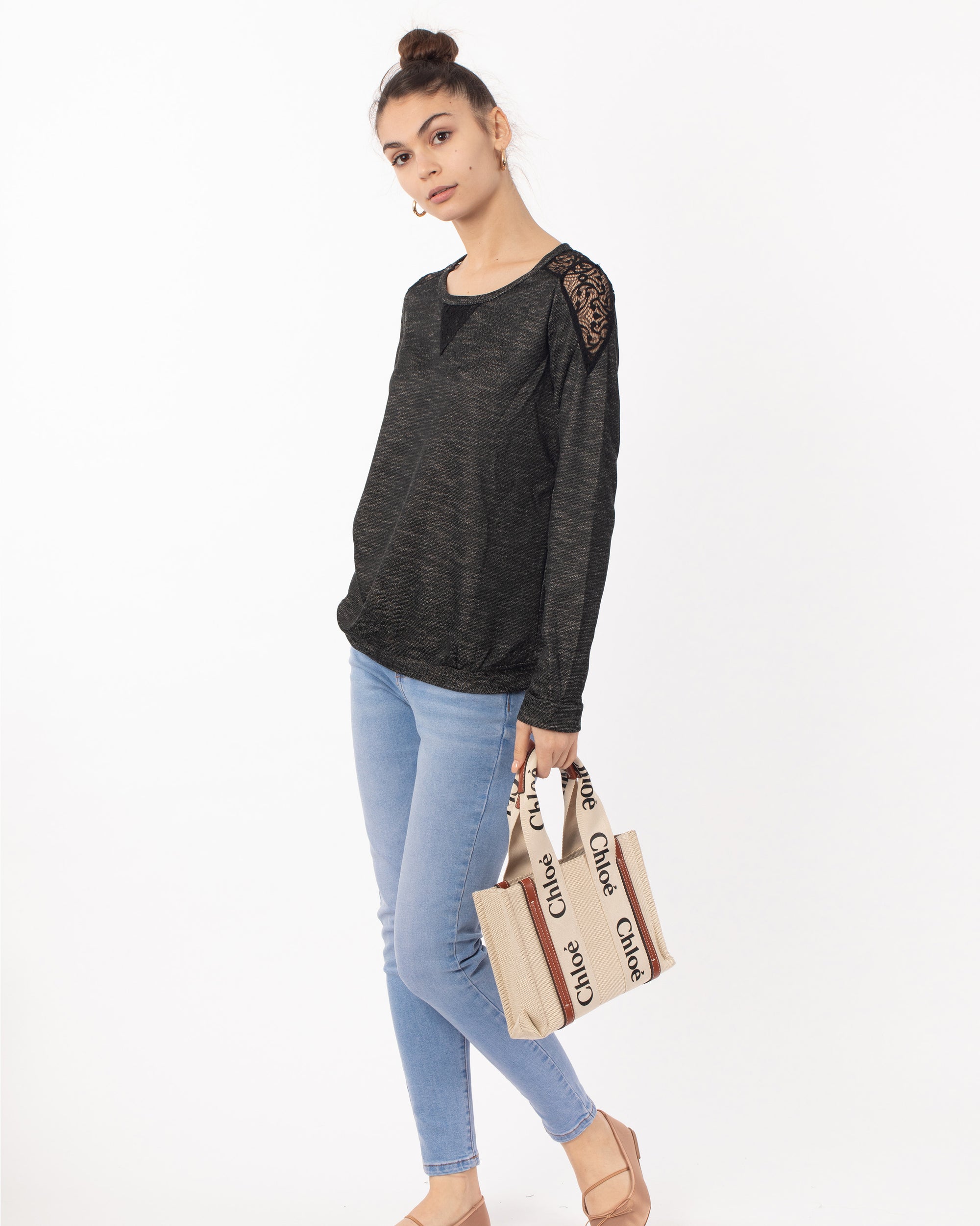 Lace Design On Shoulder  Sweatshirt