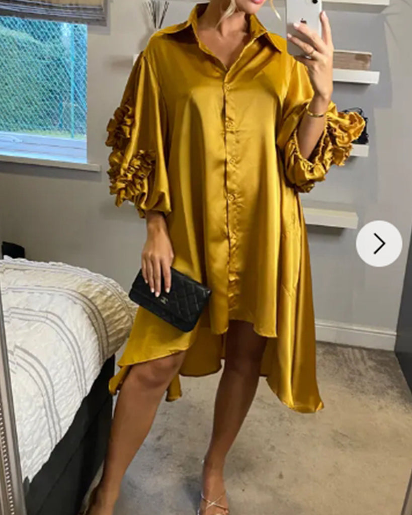 Floral sleeves design oversized sleeves shirt dress in Mustard Yellow