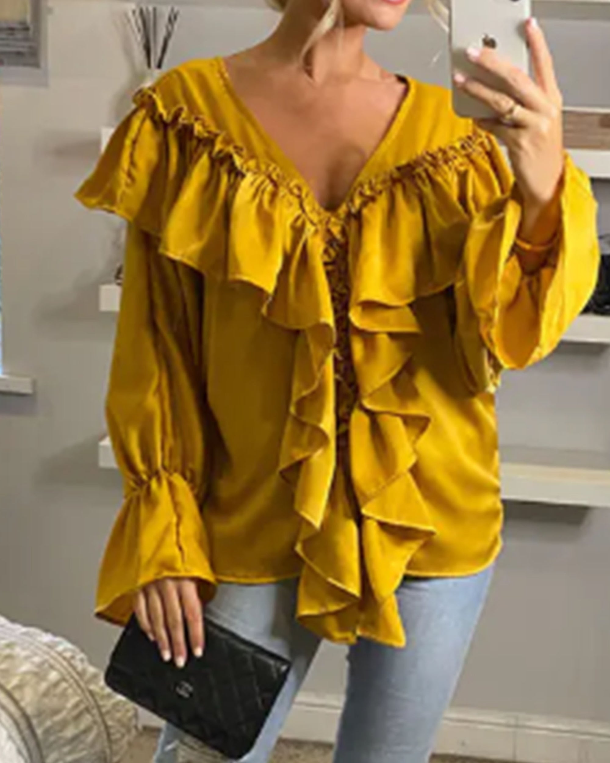 Front Frill detail long sleeves blouse top in mustard yellow