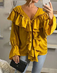 Front Frill detail long sleeves blouse top in mustard yellow