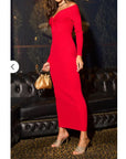 Soft Knit off the shoulder neckline long sleeves bodycon dress in red