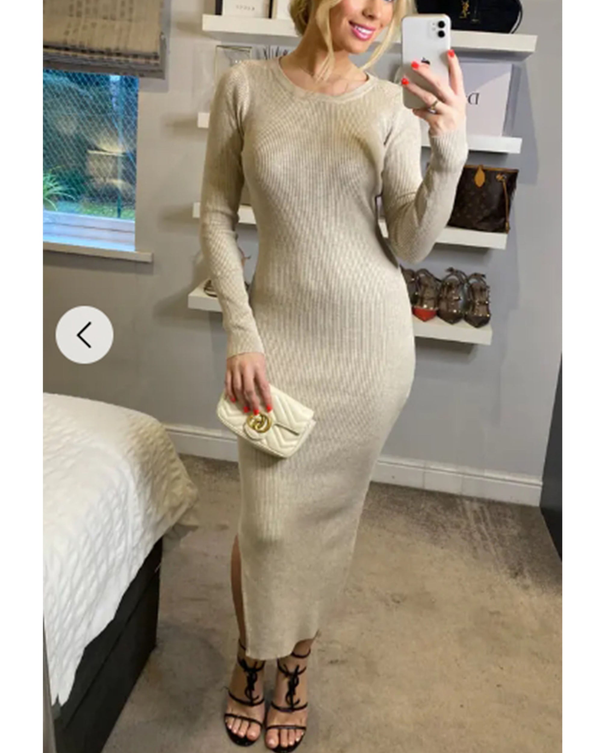 Ribbed midi Knit dress long sleeves in plain beige