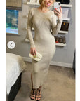 Ribbed midi Knit dress long sleeves in plain beige