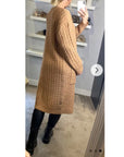 Cable knit design wool-blended long oversized cardigan in Beige