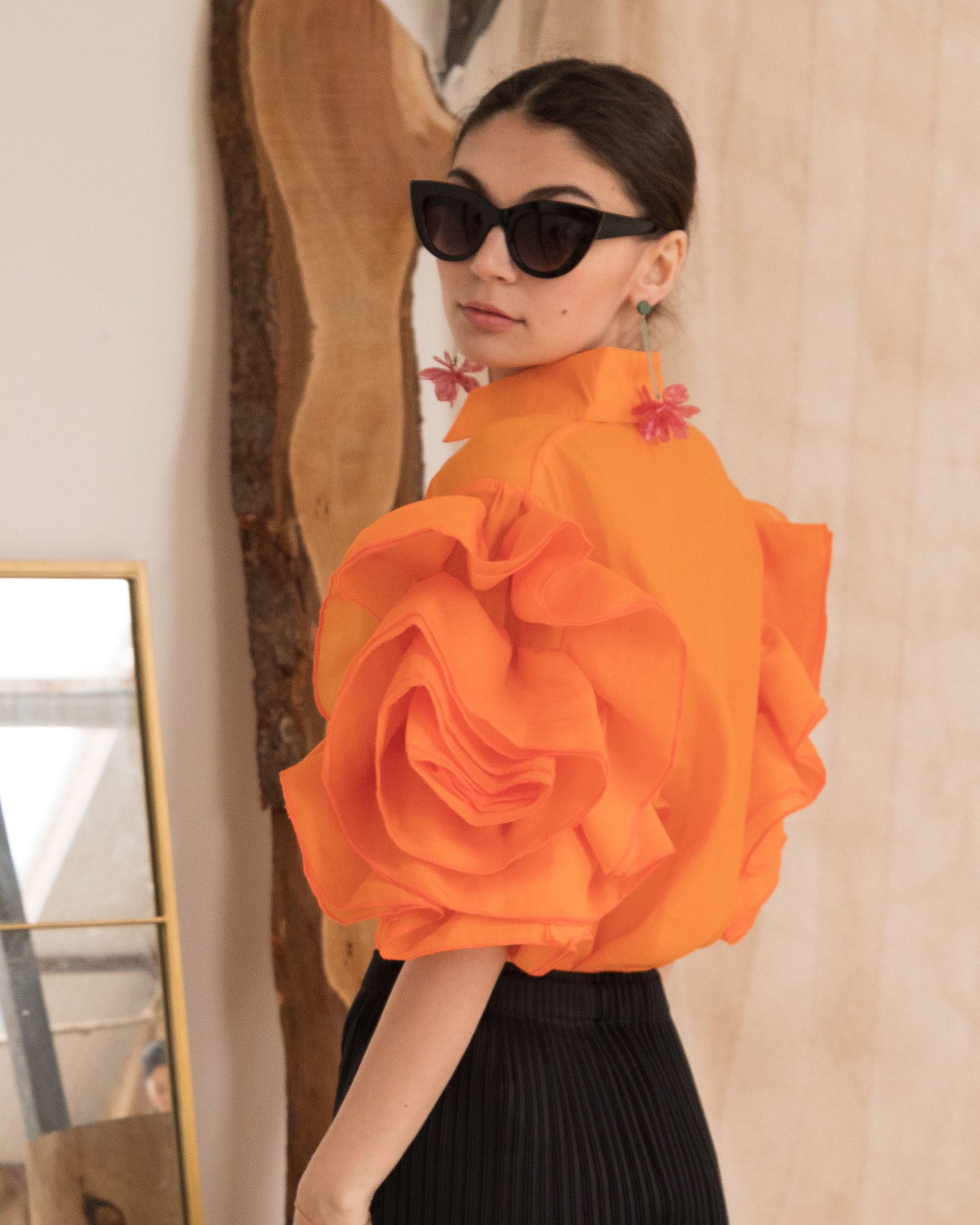 Double Layered Ruffles statements sleeves shirt top in orange