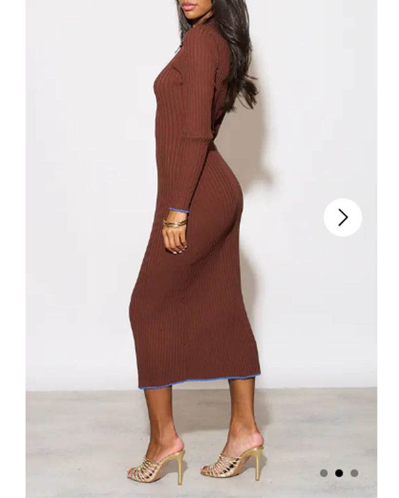 Brown color Soft knit long sleeves bodycon dress with blue line contrast design