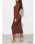 Brown color Soft knit long sleeves bodycon dress with blue line contrast design