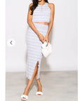 Knitted stripe print vest top and midi skirt co-ords set in grey