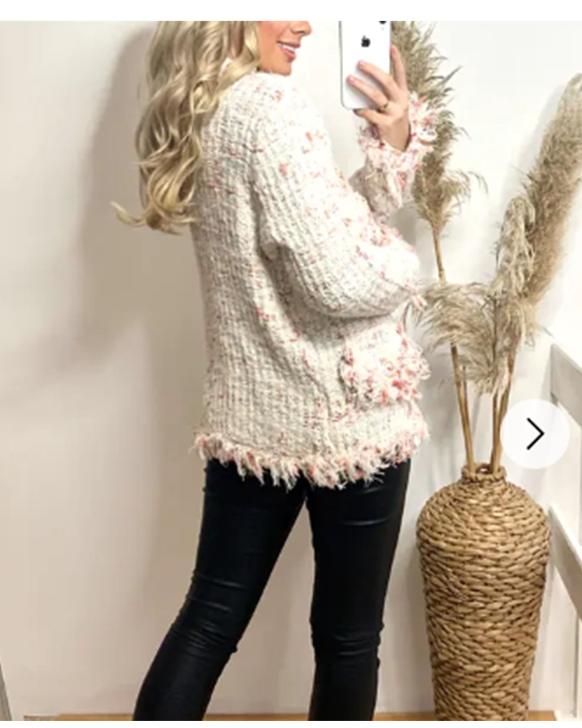 White pink Color Tweed Effect Knitted Short Cardigan Jaccket