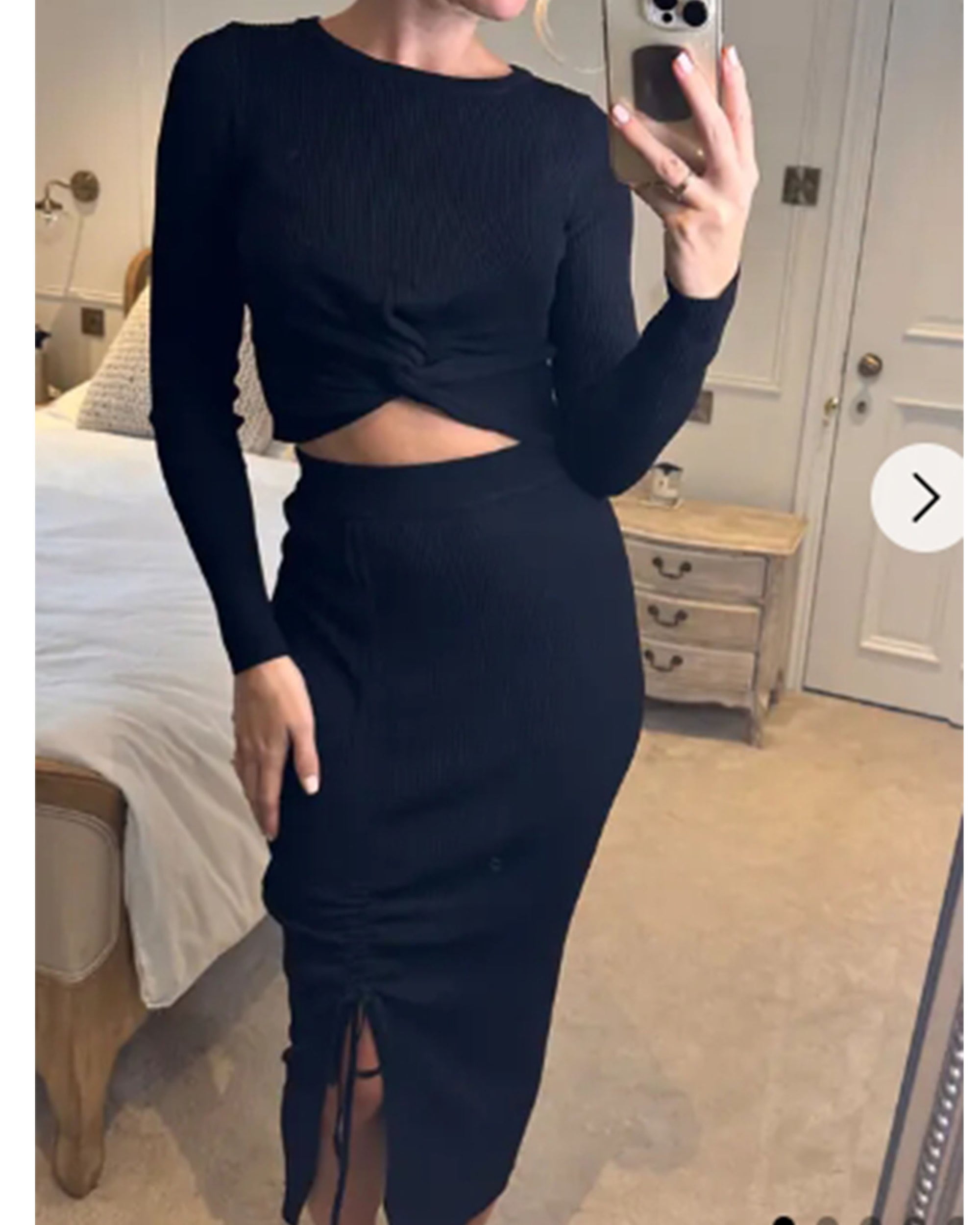 Long Sleeve Knit crop top with side lace up midi skirt co-ords in black