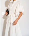 Cotton blend oversized shirt dress with ruffle sleeves design in white