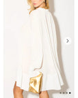 Oversized Silky Chiffon pleated shirt dress with Frilled detail hem in white