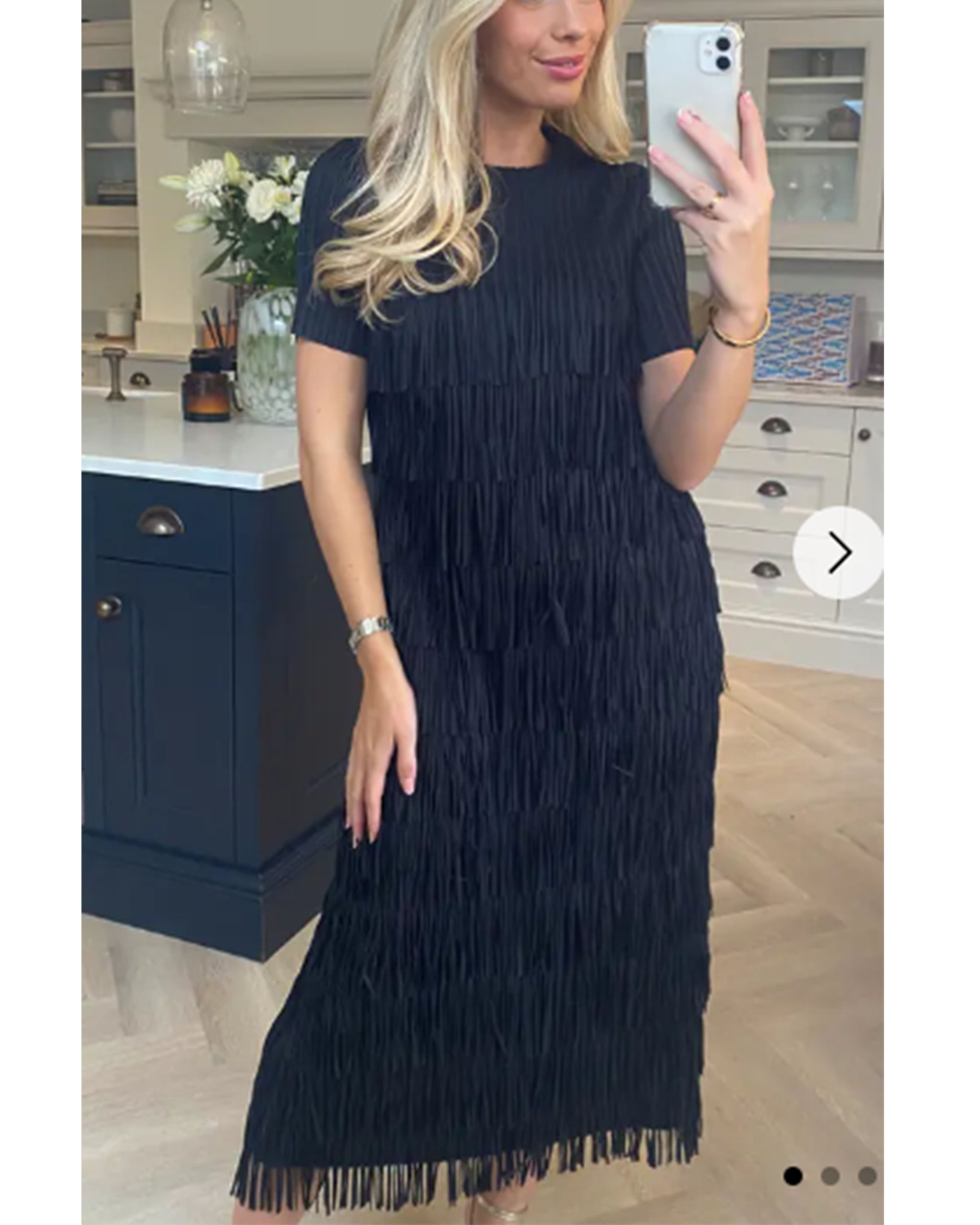 Pleated Midi dress with multi layer fringed tassel design in black