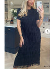 Pleated Midi dress with multi layer fringed tassel design in black