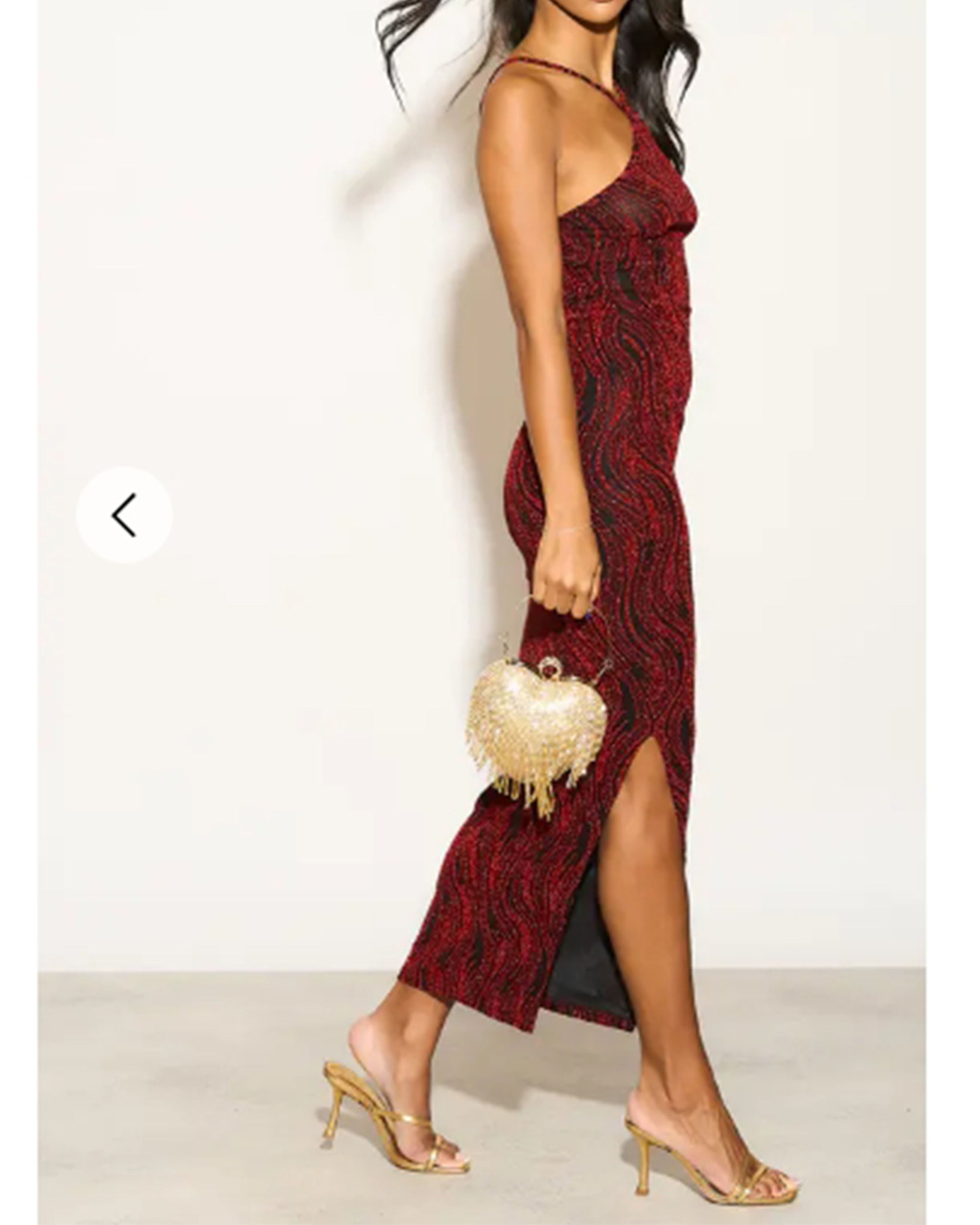 High-neck sleeveless metallic-knit with pattern print maxi dress in Red