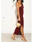 High-neck sleeveless metallic-knit with pattern print maxi dress in Red