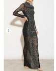 Multi Diamond Embellished Long Sleeves Dress With Stand Collar In Black