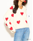 Brushed texture Sweet Heart Pattern Embroidered Jumper in cream