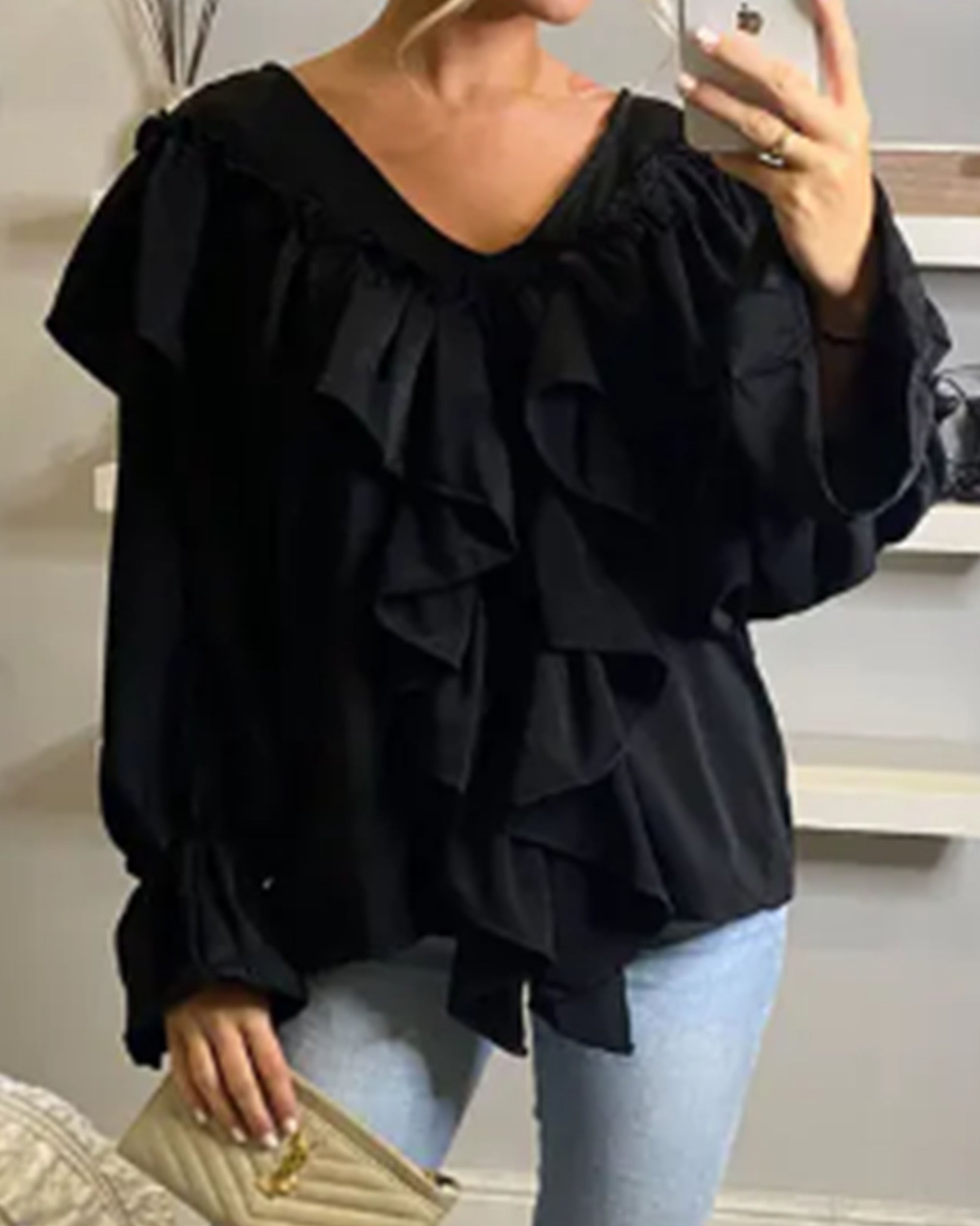 Front Frill detail long sleeves blouse top in black