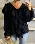 Front Frill detail long sleeves blouse top in black