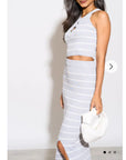 Knitted stripe print vest top and midi skirt co-ords set in grey