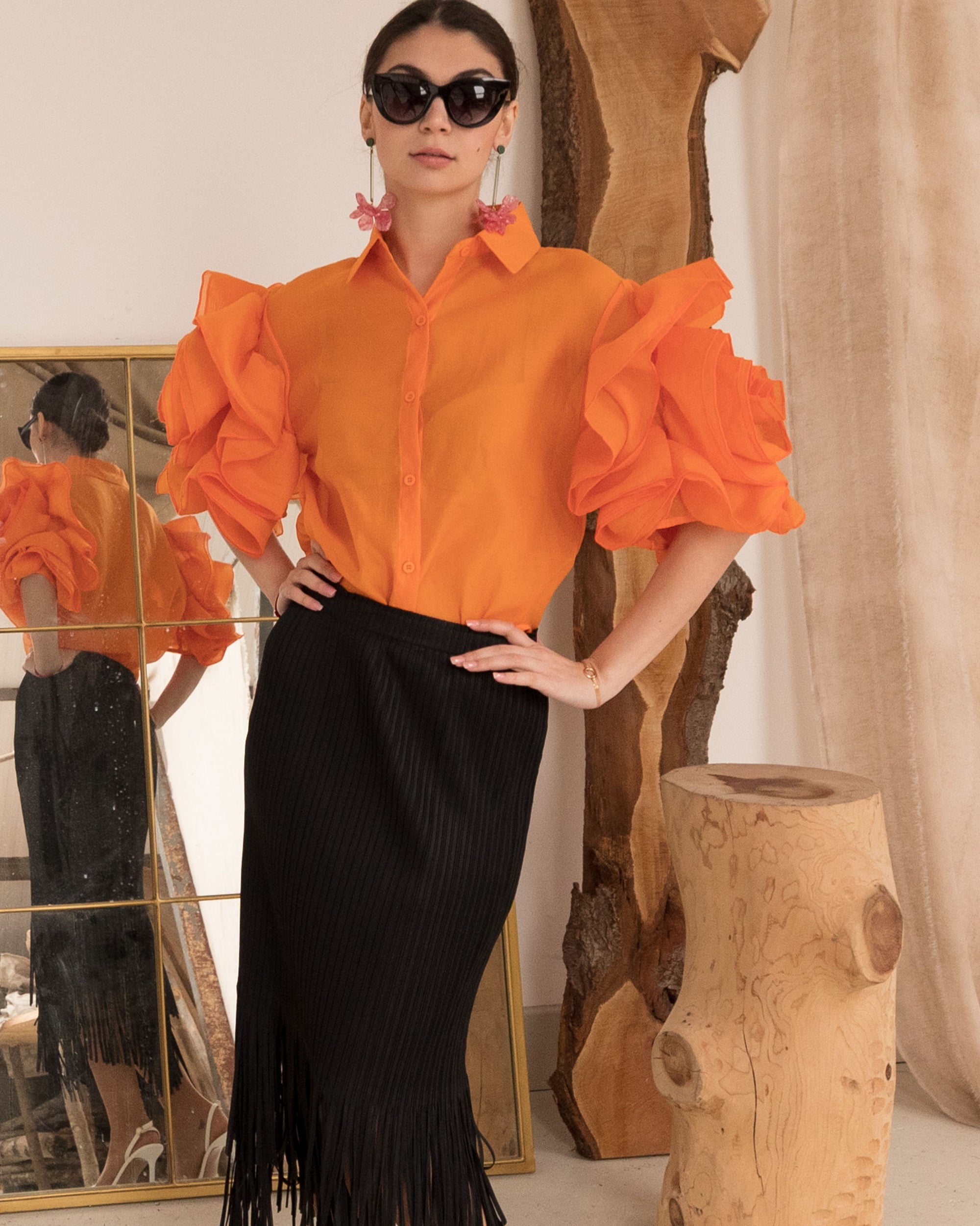 Double Layered Ruffles statements sleeves shirt top in orange