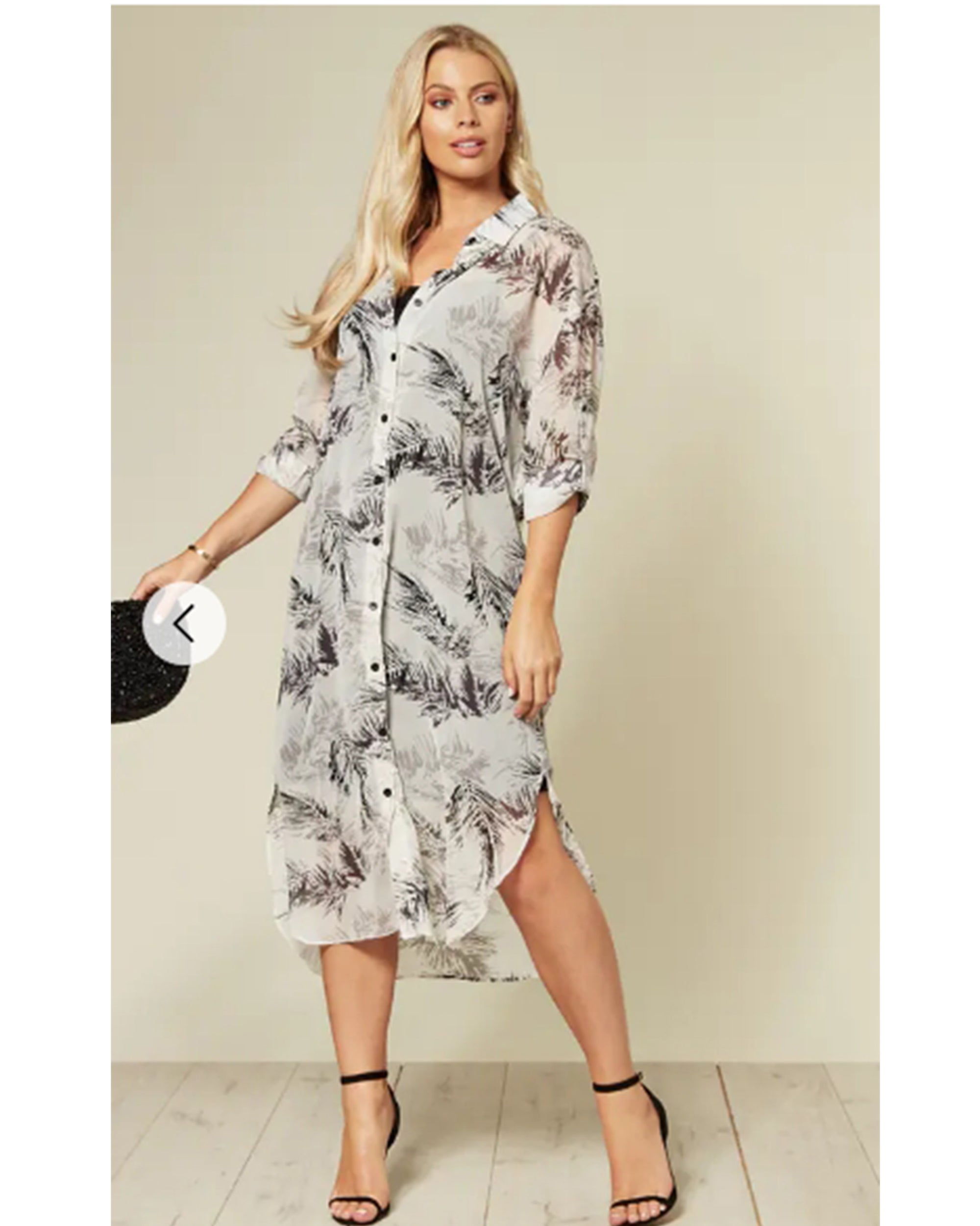 Feather Printed Maxi Shirt Dress (Black)