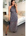 High Neck Maxi Dress With Side Split In Black Heart Print