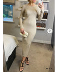 Ribbed midi Knit dress long sleeves in plain beige