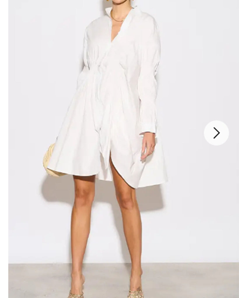 Asymmetry with Elasticated design cotton blend shirt dress in white